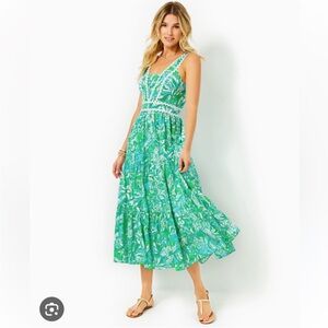 Lilly Pulitzer Green Botanical Sangria Floral Sundress with Scalloped Trim
